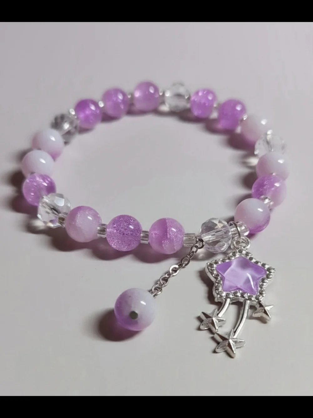 Silver Star Charm Lavender Beaded Bracelet